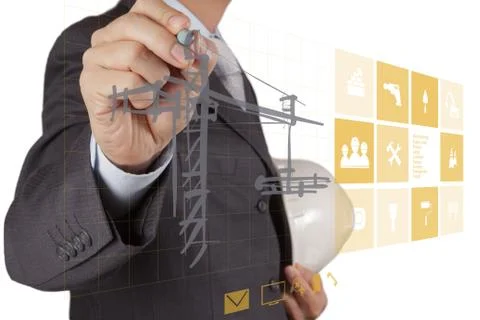 Engineer hand working with new computer interface show building development Stock Illustration