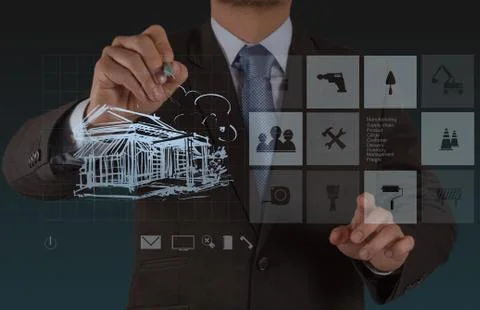 Engineer hand working with new computer interface show building development Illustrazione stock