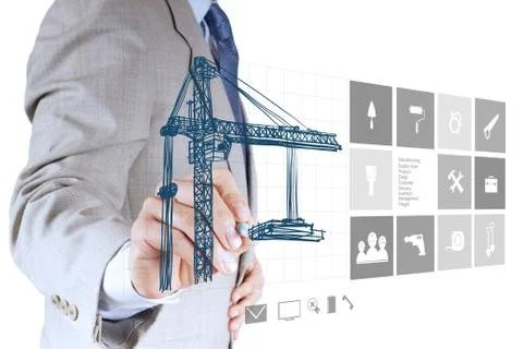 Engineer hand working with new computer interface show building development Stock Illustration