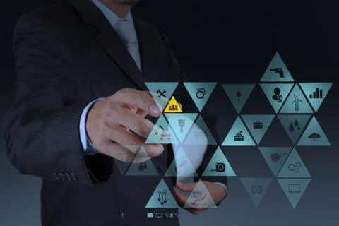 Engineer hand working with new computer interface show building development Illustrazione stock