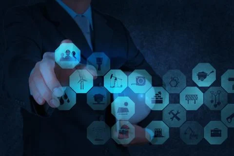 Engineer hand working with new computer interface show building development Stock Illustration