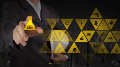 Engineer hand working with new computer interface show building development Illustrazione stock