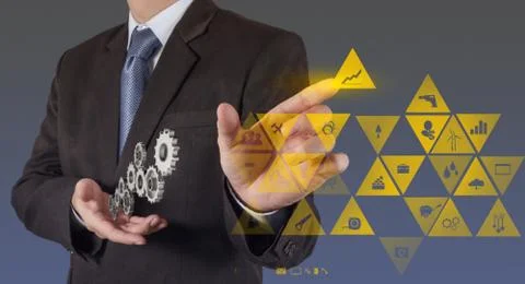 Engineer hand working with new computer interface show building development c 스톡 일러스트