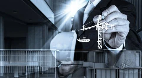 Engineer hand working with new computer interface show building development Stock Photos