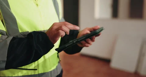 Engineer, hands and person with tablet for construction, renovation and Stock Footage 341587638