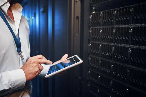 Engineer, hands and tablet screen in server room for maintenance, diagnosti.. Stock Photos