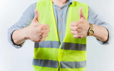 Engineer hands with thumbs up in approval gesture isolated. Engineer thumbs.. Stock Photos