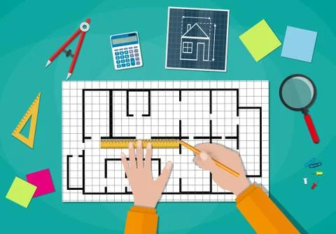 Engineer hands working on blueprint Stock Illustration