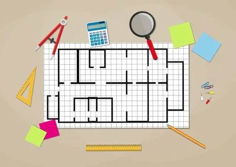 Engineer hands working on blueprint Stock Illustration