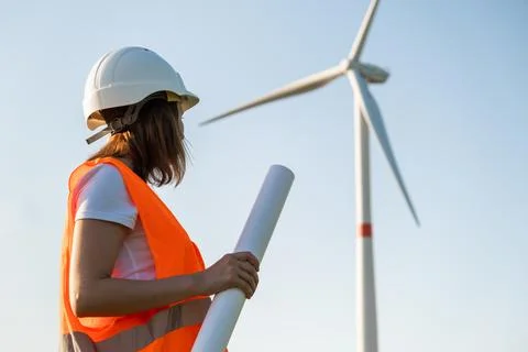 Engineer in hard hat and protective vest holds a plan project for the Stock Photos