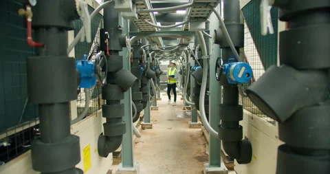 Engineer in a hard hat inspects the complex piping of an industrial HVAC system Stock Footage 345600172