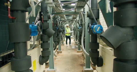 Engineer in a hard hat inspects an industrial HVAC system's pipes and valves Stock Footage 345600138