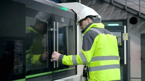 Engineer in hard hat is moving through a heavy industry factory with a tablet Stock Footage 171776192