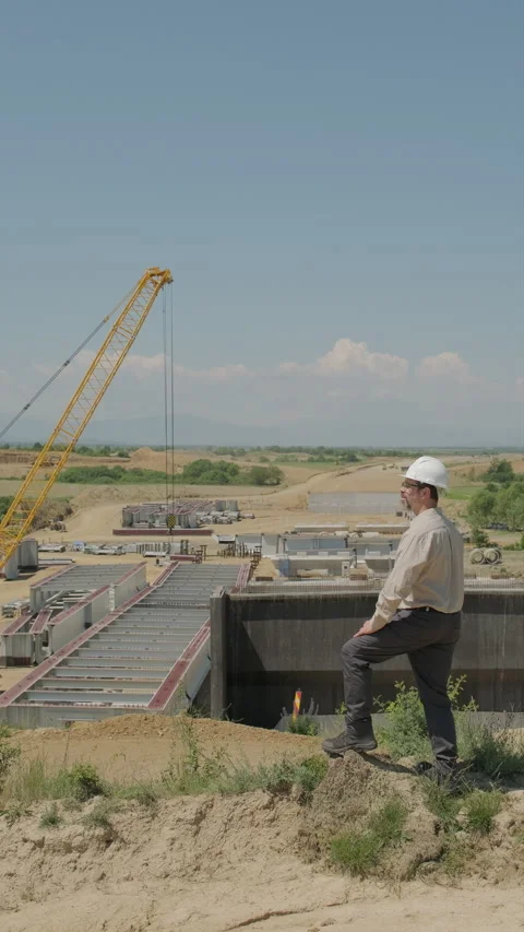 Engineer in hard hat overseeing highway viaduct construction with concrete .. Stock Footage 338008681
