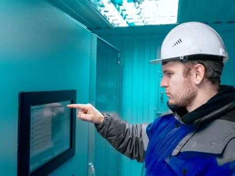 Engineer in hard hat presses his finger into touch screen of modern production Foto stock