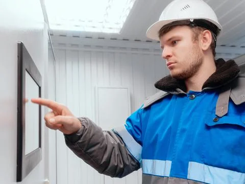 Engineer in hard hat presses his finger into touch screen of modern production Stockfoto's