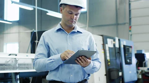 Engineer in Hard Hat is Using Tablet PC on Factory Stock Footage 52320985