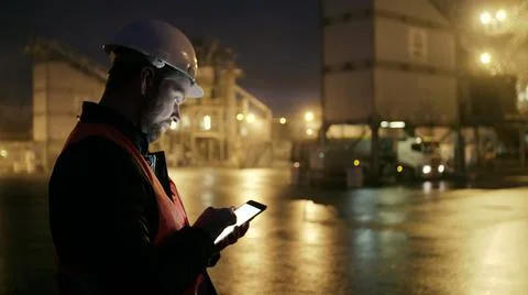 Engineer in hardhat checking loading of truck wit tablet computer 스톡 사진