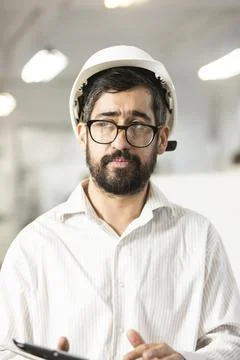 Engineer in hardhat holding tablet Stock-Fotos