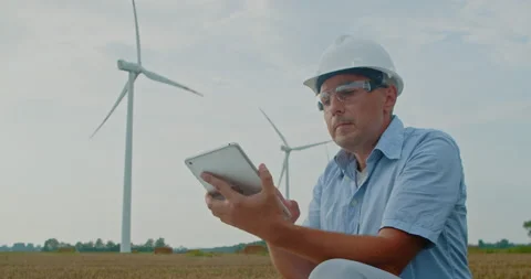 Engineer in hardhat uses laptop near wind turbines environmental Stock Footage 216701974