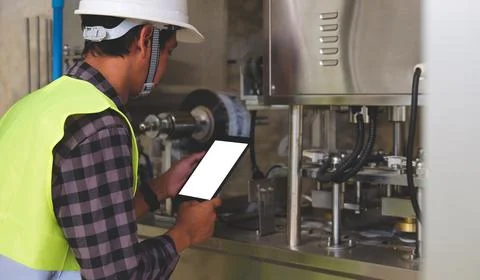 Engineer in hardhat is using digital tablet in a factory. Foto stock