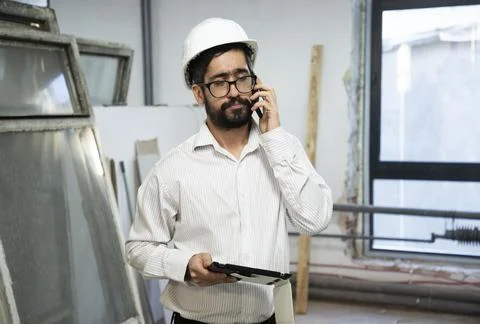 Engineer in hardhat using phone and holding tablet Stock-Fotos