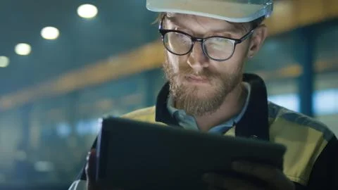 Engineer in hardhat is using a tablet computer in a heavy industry factory. Stock Photos