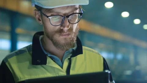 Engineer in hardhat is using a tablet computer in a heavy industry factory. Stock Photos