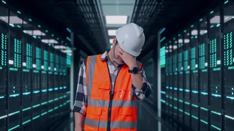 Engineer Having A Headache While Working in Data Center Stock Footage 321991107