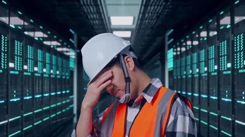 Engineer Having A Headache While Working in Data Center Stock Footage 321992333