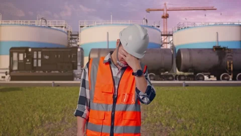 Engineer Having A Headache While Working at Oil Refinery Stock Footage 340140331