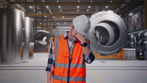 Engineer Having A Headache While Working at Heavy Factory Stock Footage 340817526