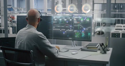 Engineer in Headset Analyzing Digital VFX Data Interface on Monitor in High Tech Stock Footage 334002297