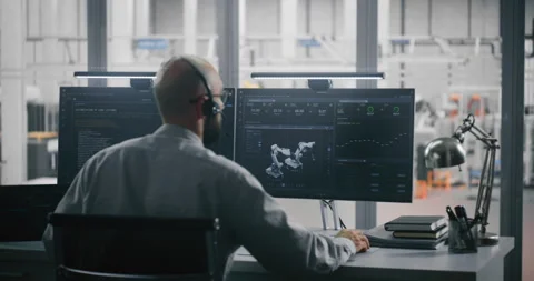 Engineer on Headset Controlling 3D Automation Model Stock Footage 325425303