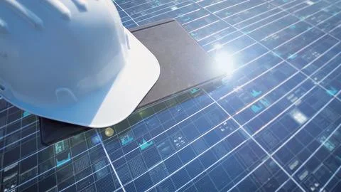 Engineer helmet and tablet on a active solar panel surface with data. Graphic Foto stock