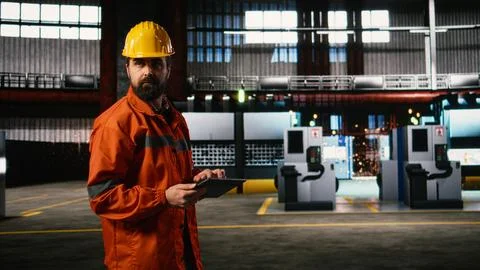 Engineer with helmet, checking production process, heavy industry plant 库存照片