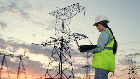 Engineer with helmet holds laptop to control power transmission lines at sunset Stock Footage 258700288