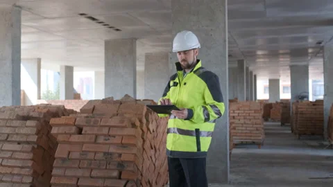 Engineer In Helmets With Tablet Device And Big Paper Drawings Discussing Stock Footage 113121128