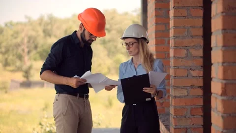 Engineer In Helmet.Two Architect Developer Inspecting Building Site Stock Footage 132518313