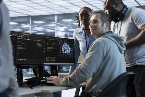 Engineer helped by colleagues to find errors in code while doing checkup Stock Photos