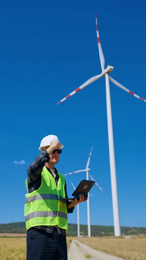 Engineer in high visibility vest holding tablet near wind turbine. A man wearing Stock Footage 343377605