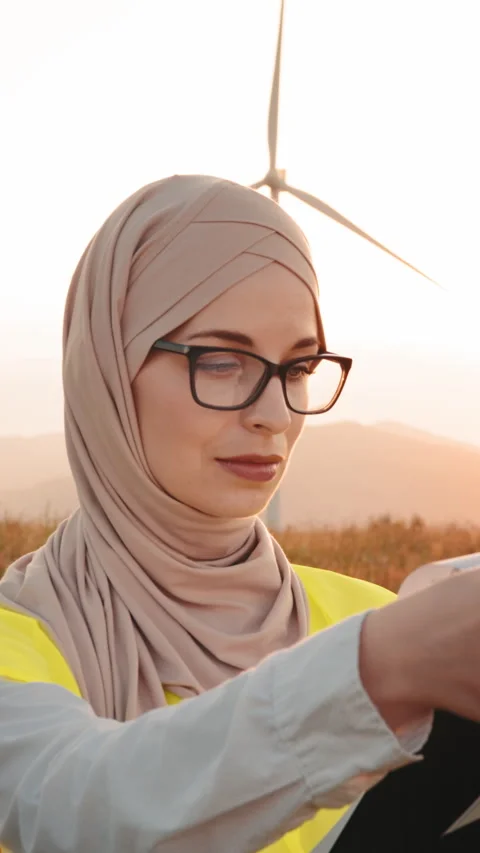 Engineer in Hijab at Wind Turbine Stock Footage 318727818