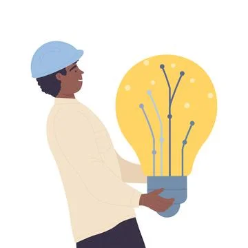 Engineer holding bright light bulb, man with creative idea and project Illustrazione stock