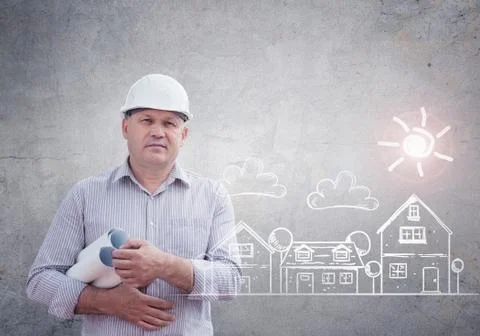 An engineer holding construction plans. Real estate concept Stock Photos