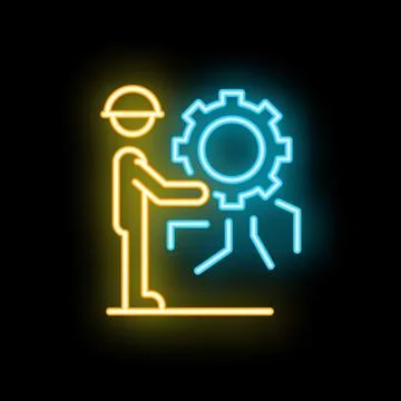 Engineer holding gear in front of electronic circuit neon sign イラスト素材