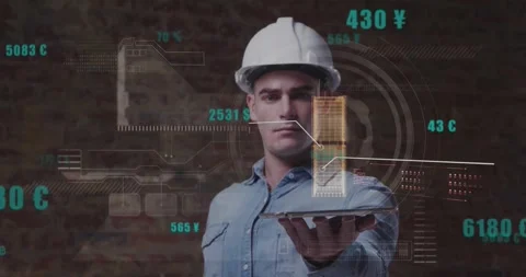 Engineer holding palm projecting 3D skyscraper and visualizing performance Stock Footage 329033758