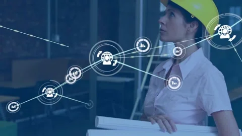 Engineer holding plans watching AR node emitting beam linking icons expanding Video stock 330741098