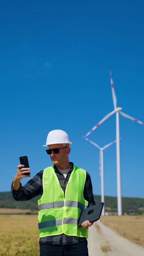 Engineer holding smartphone near wind turbines. A technician in a reflective Stock Footage 343378032
