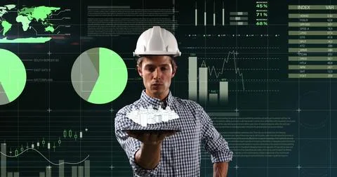 Engineer holding a tablet and viewing a 3d rotating model of a city with digital Stock Illustration