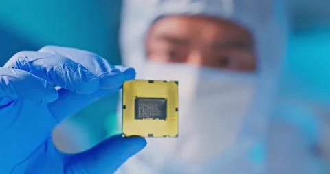 Engineer holds microchip Vídeo Stock 166625472